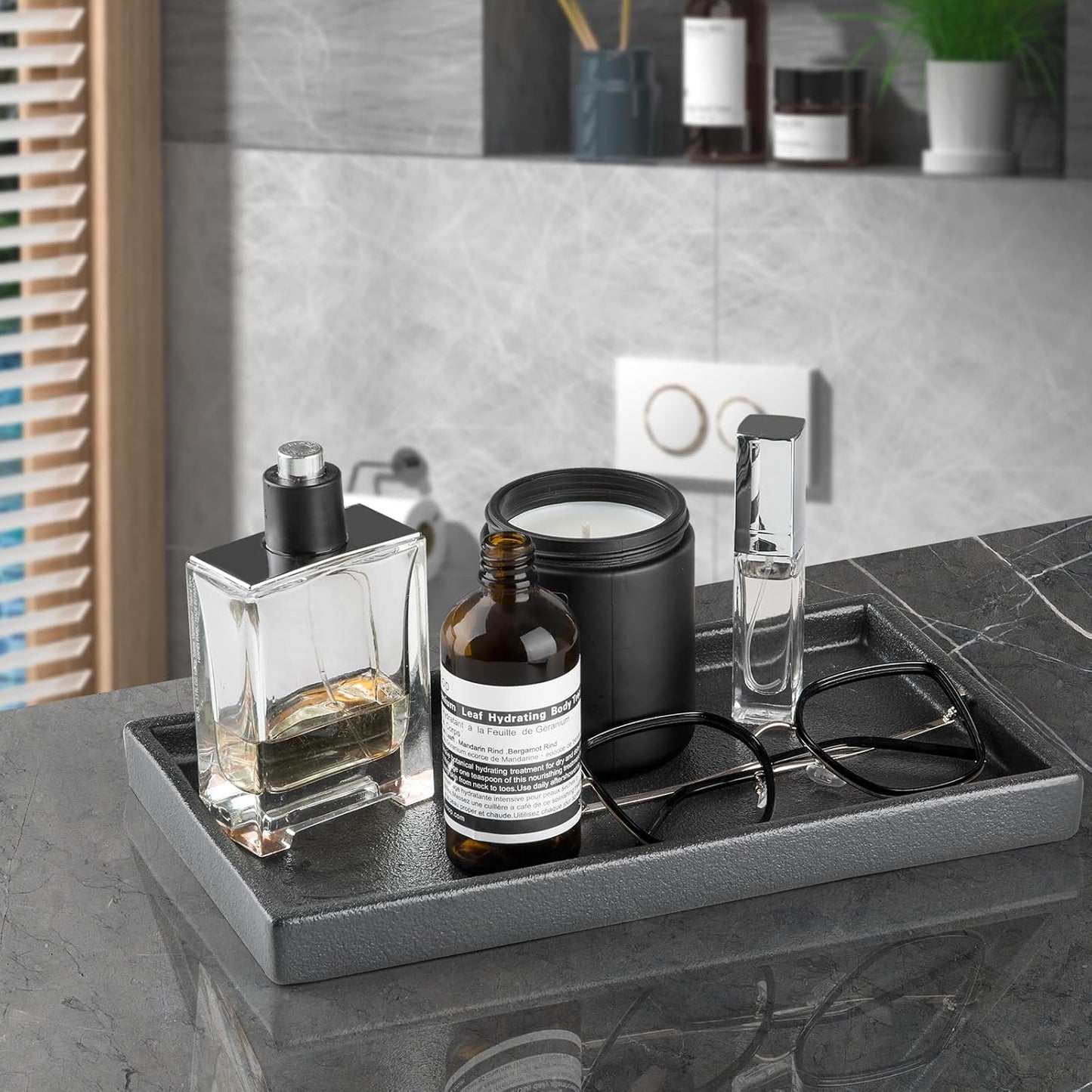 Bathroom Vanity Tray, Black Ceramic Organizer Tray for Counter, Rectangle Soap Dispenser Tray for Bathroom and Kitchen