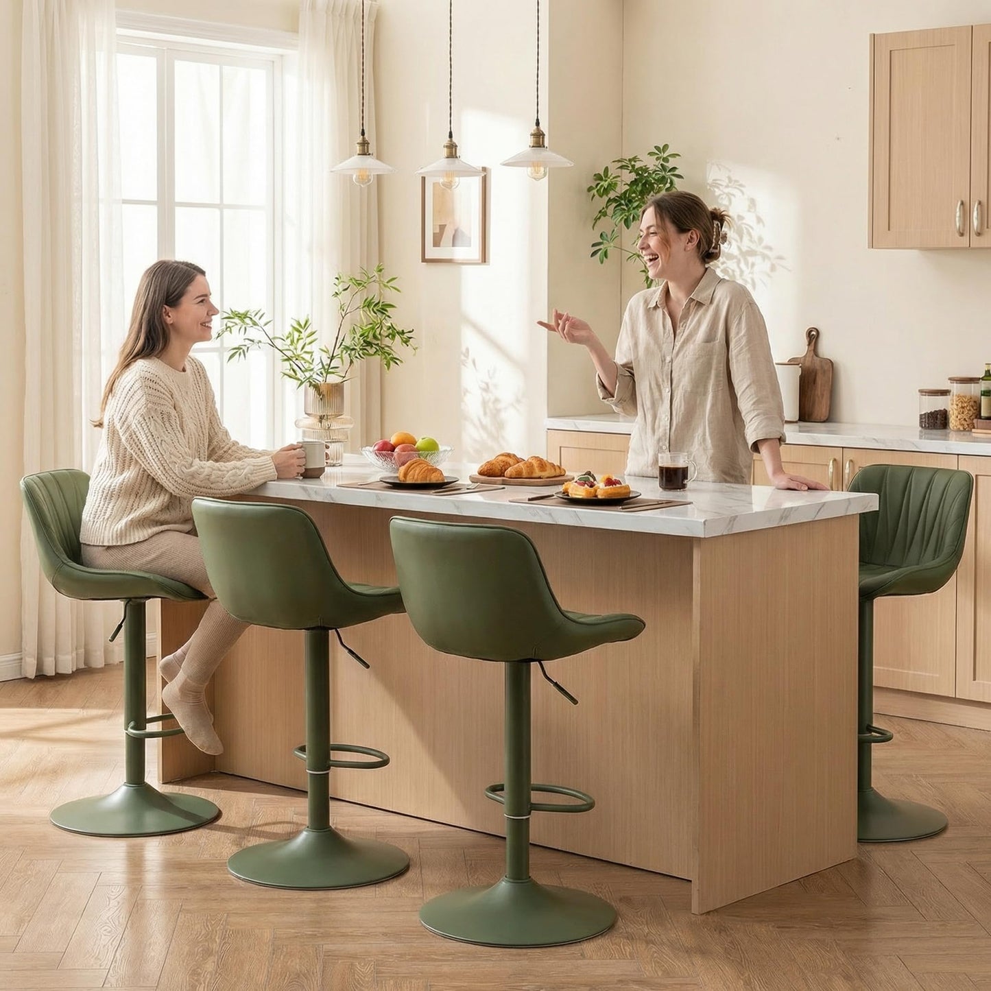 YOUNIKE Bar Stools Set of 2, Faux Leather Padded Bar Stool Counter Height Swivel Bar Chairs, Modern Adjustable Barstools with Back for Kitchen Island, Full Pea Green Same-Color Base