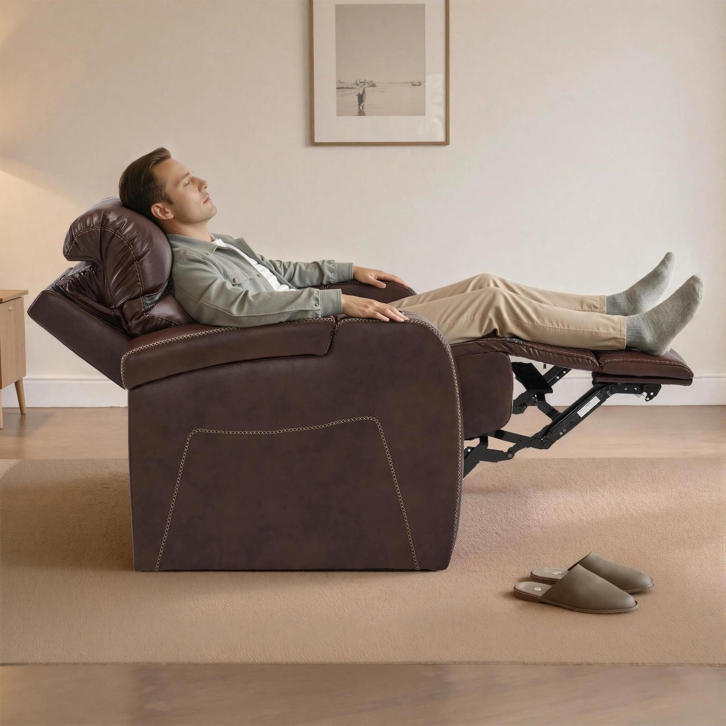 MCombo Power Recliner Chairs, Leather Recliner Chair for Adults, Home Theater Seating with Adjustable Headrest, USB Ports, LED Light & Armrest Storage, Recliners for Living Room HTS400 (Light Brown)