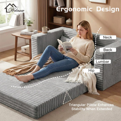 Welnow Double Convertible Sofa Bed with Multi-Function Triangle Ottoman, 59" Boneless 2-in-1 Foldable Loveseat Couch, Fold-Out Sleeper Lounge for Small Apartments, Dorms, Guest Rooms, Grey