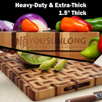 YOUSUNLONG 3D Zigzag Pattern End Grain Cutting Board - Walnut & Maple Reversible Butcher Block 20"L x 16"W x 1.5"Th with Juice Groove - Serving Block Tray for Brisket,Meat,Cheese,Charcuterie