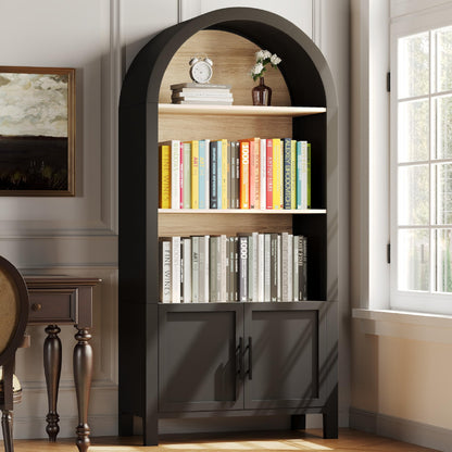 KEIKI 66.7" Tall Arched Bookshelf, Modern Bookcase with 3-Tier Storage Shelf & Cabinet, Large Wooden Open Display Book Shelves, Space-Saving Corner Book Shelf for Home Office Living Room, Black
