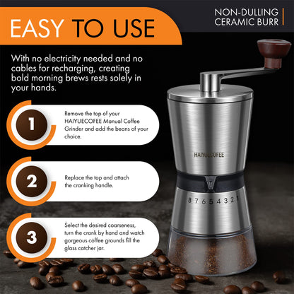 HAIYUECOFEE Manual Coffee Grinder with 8 Adjustable Coarseness Settings, Hand Crank Coffee Mill with Ceramic Burr for Espresso Beans, French Press, Pour Over, Drip Coffee – Rustproof, Non-Dulling