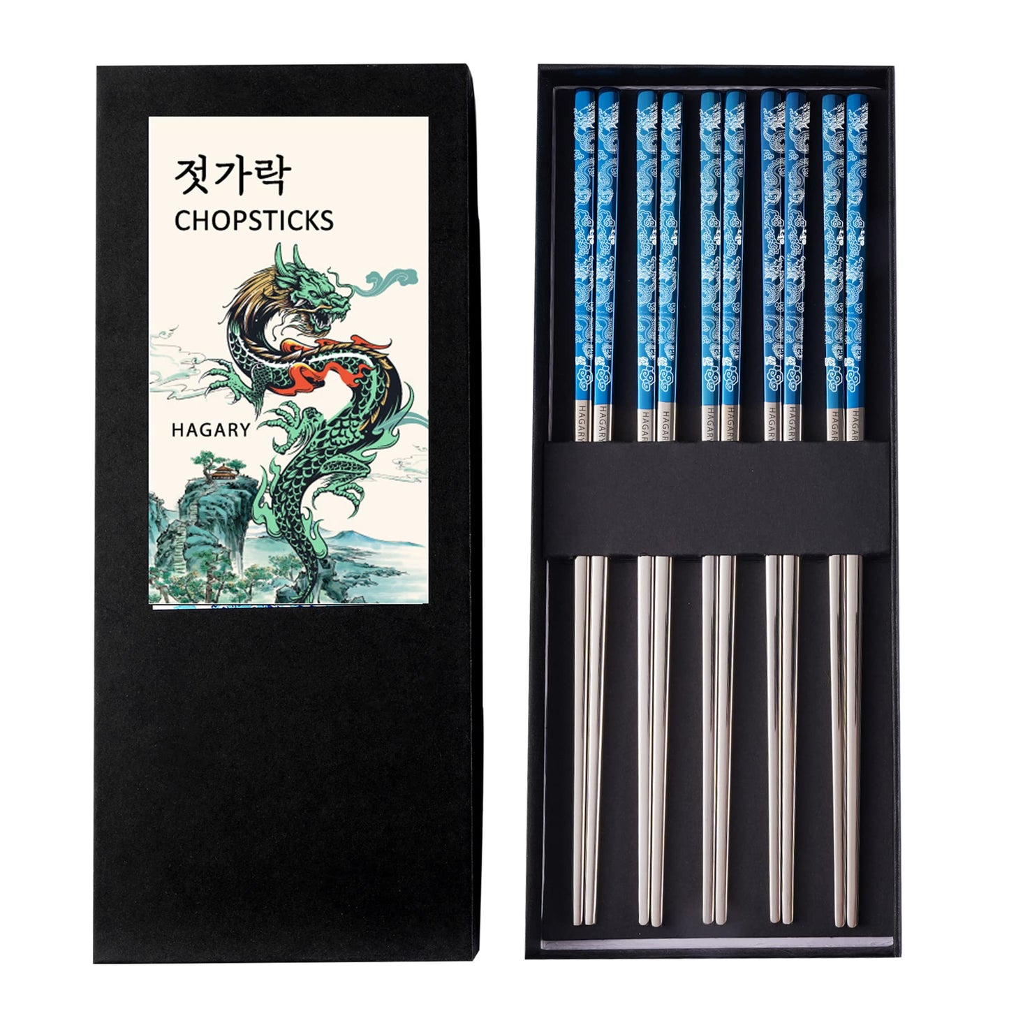 Hagary Dragon Chopsticks Metal Reusable Designed In Korea Japanese Style Stainless Steel 316 18/10 Non-Slip Dishwasher Safe Laser Etched (Blue - 5 Pairs)