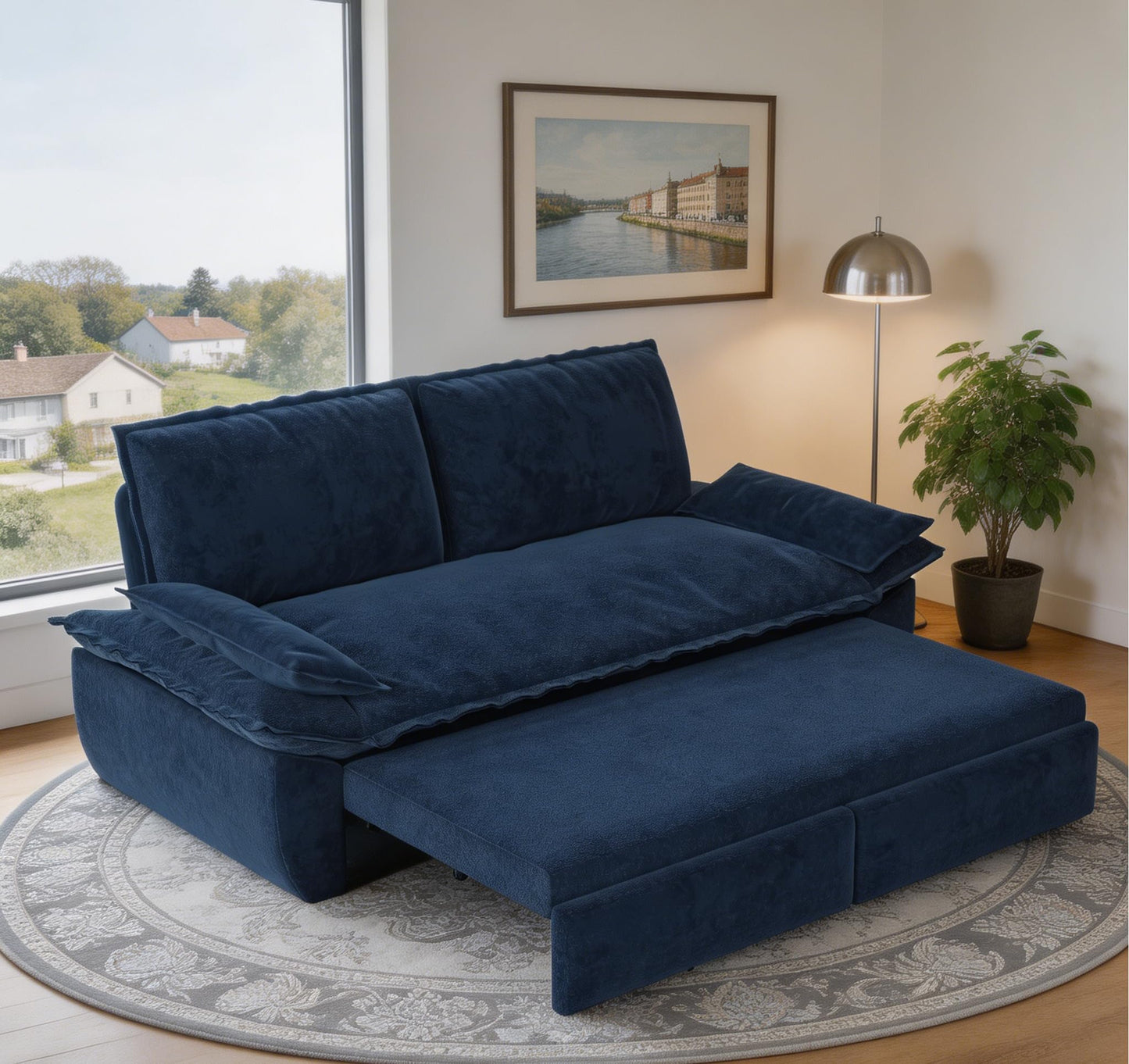 Trygoal Queen Sofa Bed, 3-in-1 Convertible Pull Out Couch, Velvet Couch with Pull Out Bed, Couch that Turns into Bed, Sleeper Sofa Bed for Living Room, Apartment, Small Space, Blue