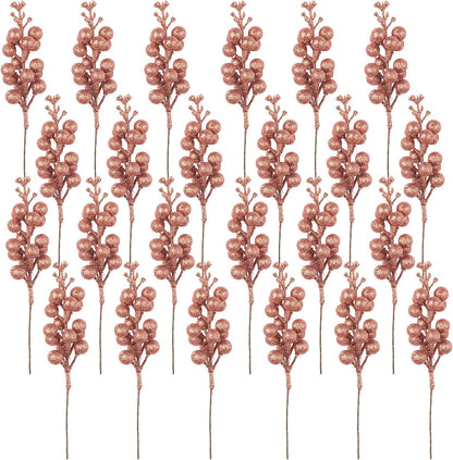 Crafare 24 Pack Rose Gold Christmas Glitter Berries Stems, Artificial Christmas Picks for Tree Ornaments, Crafts,