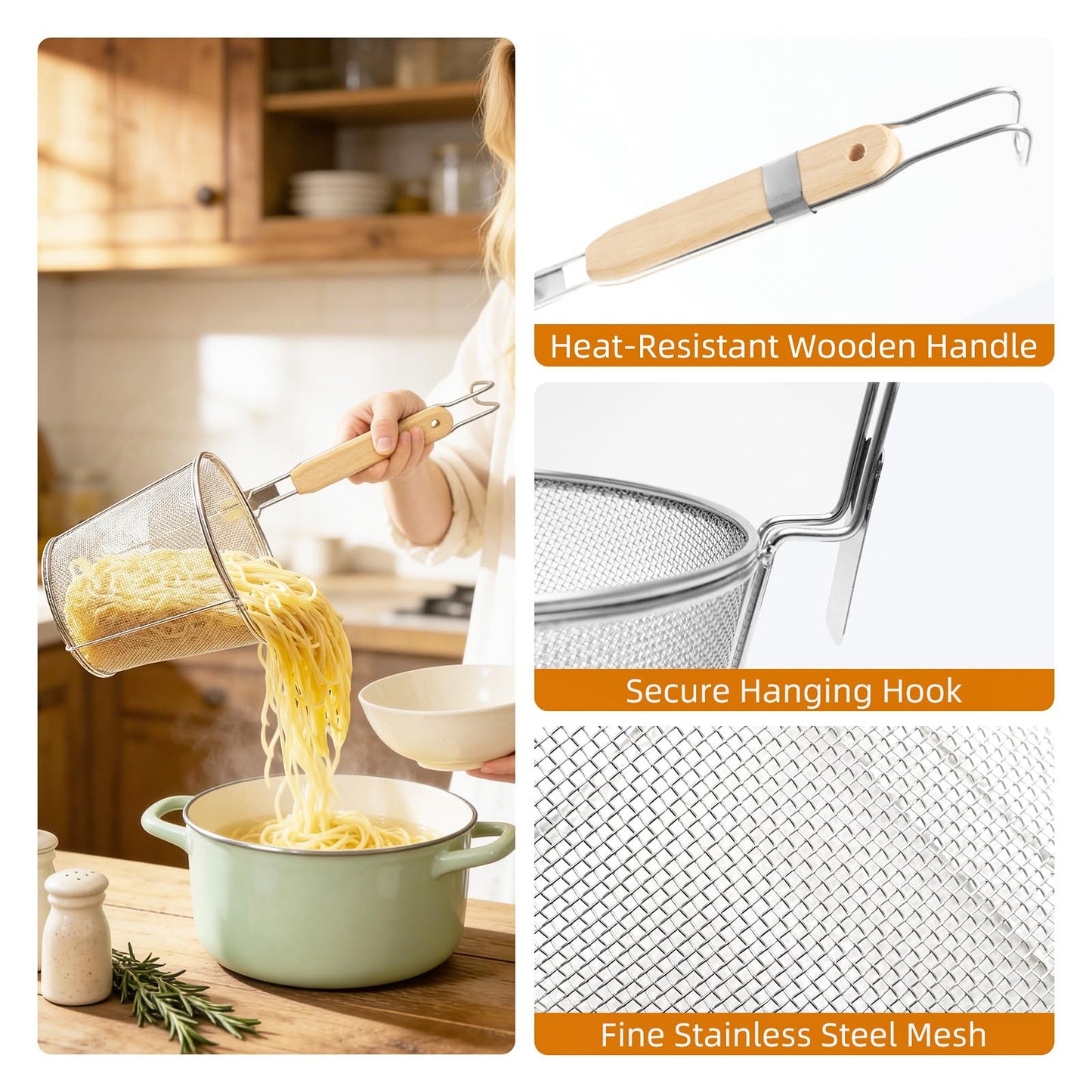 Pasta Strainer 2 Pcs - Noodle Strainer with Wooden Handle, 10.8in Cooking tweezers, Pasta Basket Boiling Food Pasta Gnocchi Ravioli