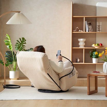 KEIKI Adjustable Swivel Accent Chair with Phone Holder, 360° Rotatable Sofa Chair with 5-Position Recline, Upholstered Single Sofa Chair for Living Room, Beige