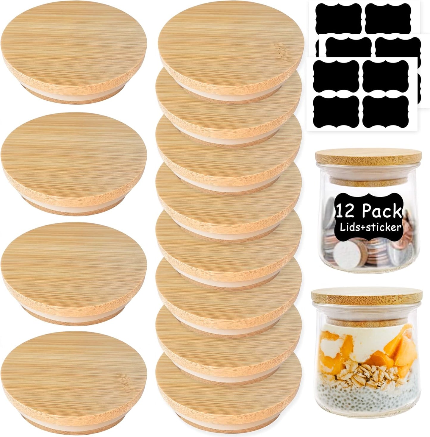 12 pack 5 Oz Oui Yogurt Jar Lids - Oui Lids - Natural Bamboo Wood with Silicone Sealing Rings and Oui Yogurt Bottle