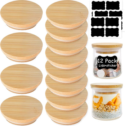 12 pack 5 Oz Oui Yogurt Jar Lids - Oui Lids - Natural Bamboo Wood with Silicone Sealing Rings and Oui Yogurt Bottle