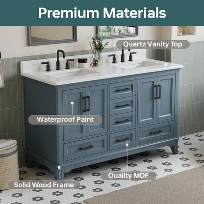 DELUXE LIVING 60 Inch Bathroom Vanity Double Sink, Fully Assembled Solid Wood Frame Double Sink Bathroom Vanity with Soft Closing Doors & Full Extension Dovetail Drawers, Quartz Top, Steel Blue