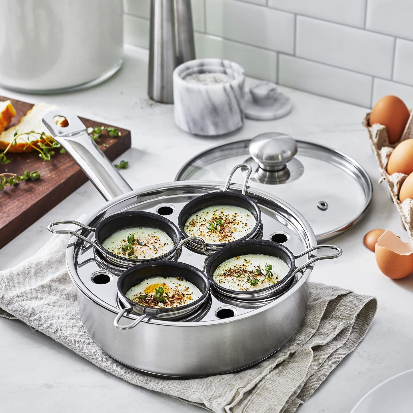 Demeyere Resto 18/10 Stainless Steel Stovetop Egg Poacher Set, 4 Removable Cups, Induction Compatible, Dishwasher Safe