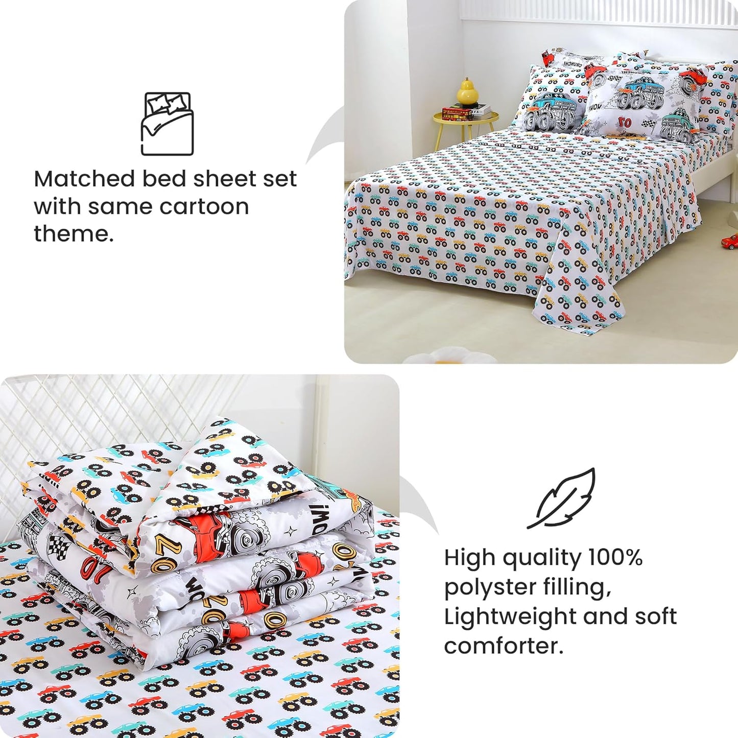 Sets 6 Set Set Mooreeke Twin Size Comforter for Boys Kids, Pieces Bed in a Bag Monster Truck Bedding Comforter Sheet