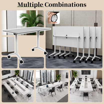 Modular Folding Conference Table with Wheels,6 Pack Mobile Conference Room Tables,Filp Top Rolling Meeting Training Tables for Office,Classroom,Library,Seminar,Boardroom,school(6pack,White,47in)