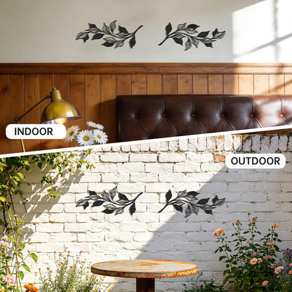 Slickss 14.6" 2 Pieces Metal Leaf Wall Art, 1mm Thick Matte Black Minimalist Vine Branch Decor, Above Door Bed Wall Hanging with Nail & Adhesive Mount Kit, Farmhouse Boho Decor for Home