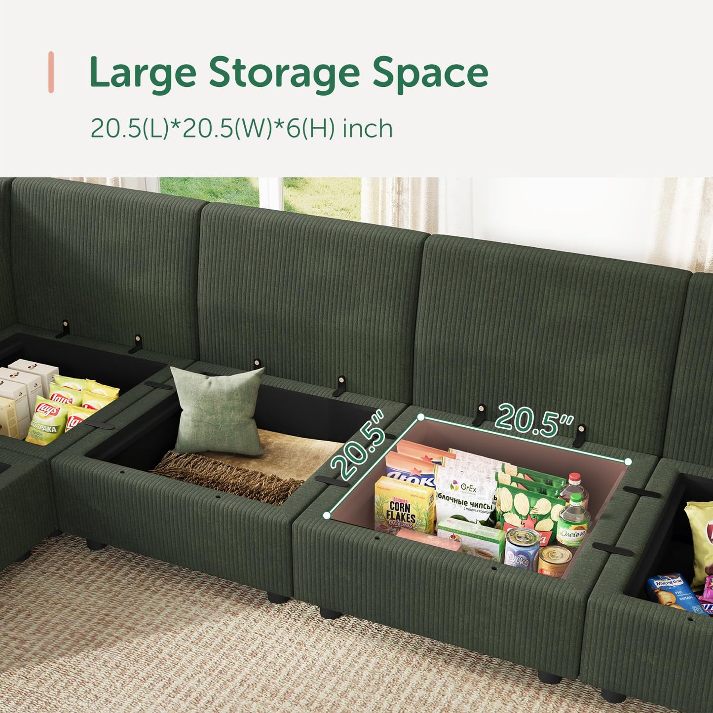 HONBAY Modular Sectional Sleeper Sofa Green Couch L Shaped Sectional Sofa with Storage, Convertible Couches for Living Room - Green