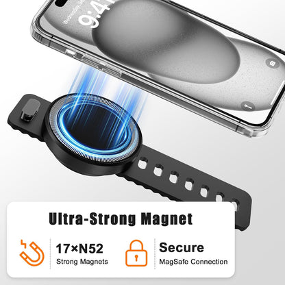 Stroller Phone Holder, Compatible with MagSafe, Magnetic Handlebar Mount, 17x N52 Strong Magnets, Fits Treadmills, Peloton, Shopping & Golf Carts, Adjustable Strap, iPhone 12–16 & Android