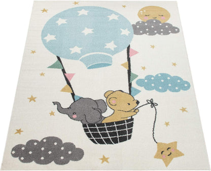 2'8" 4'11" Paco Home Kid's Rug for Children's Bedroom with an Elephant, Bear and Balloon Motive in Beige, Size: x