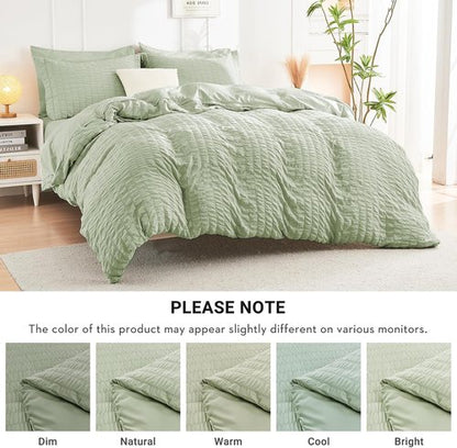 HYMOKEGE Queen Comforter Set - Light Green Seersucker 7-Piece Luxury Bedding Set for All Seasons