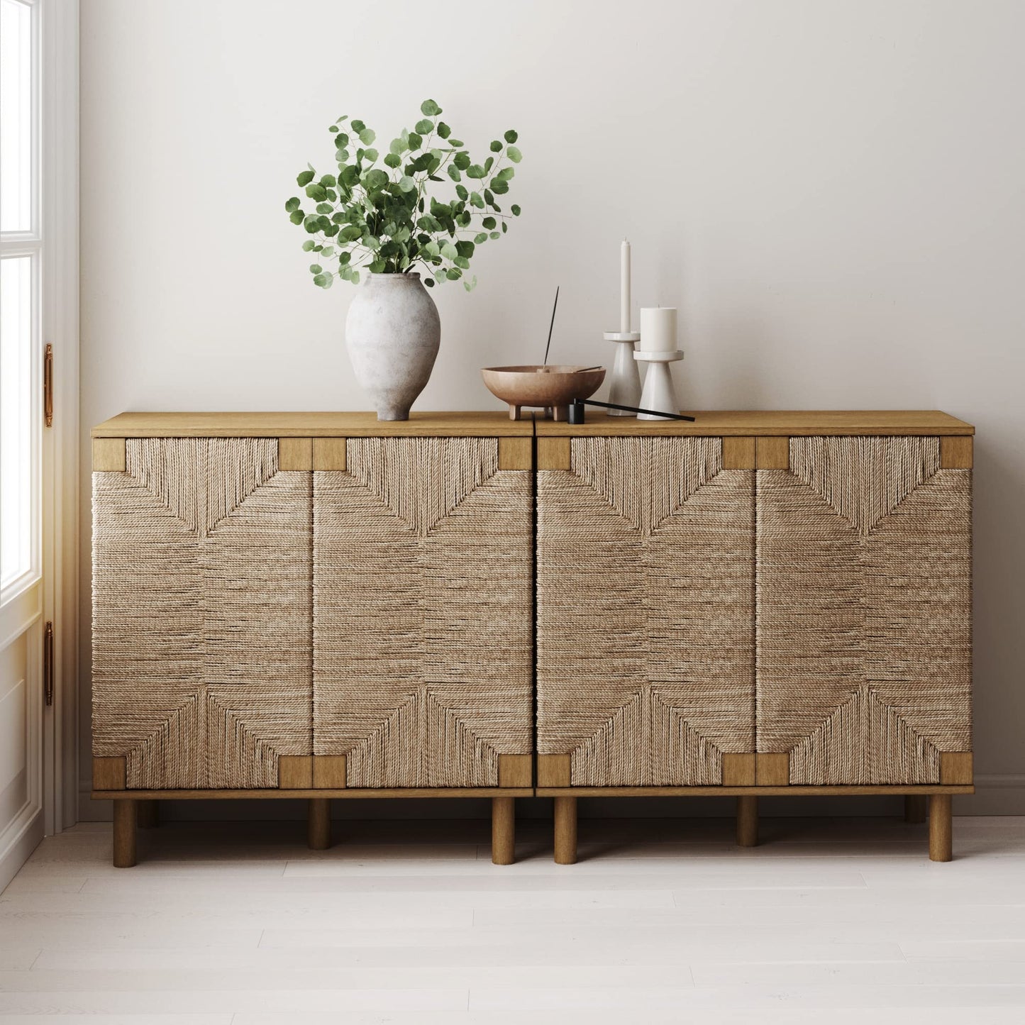 Nathan James Beacon Accent Natural Sideboard Storage Cabinet TV Stand in Light Wood with Adjustable Interior Shelf and Seagrass Doors, for Hallway, Entryway or Dining Room, Light Brown, Set of 2