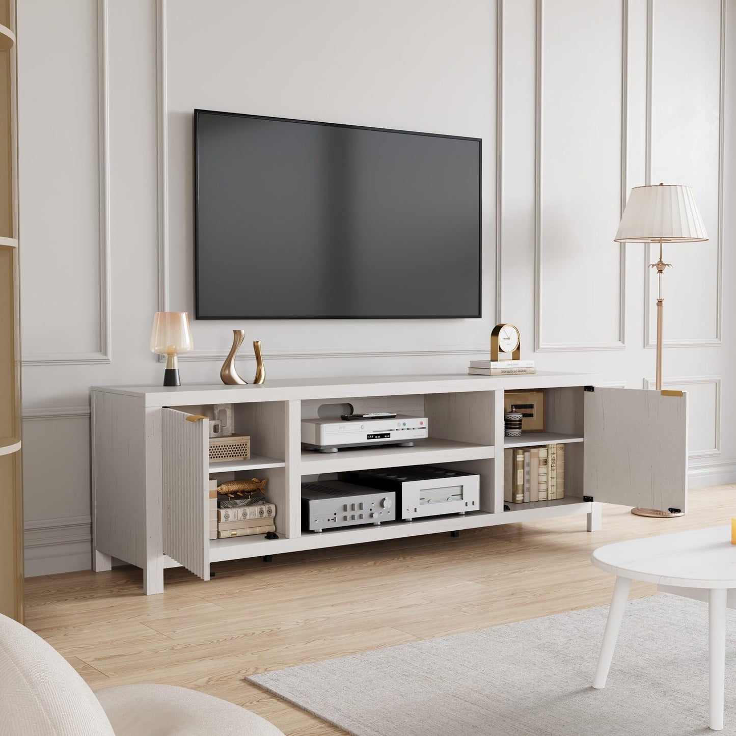 IDEALHOUSE Fluted TV Stand for 75+ Inch, Modern Entertainment Center with 2-Tier Storage & Adjustable Shelves, Media Console Cabinet with 2 Fluted Doors and Gold Handle for Living Room, Bedroom, White