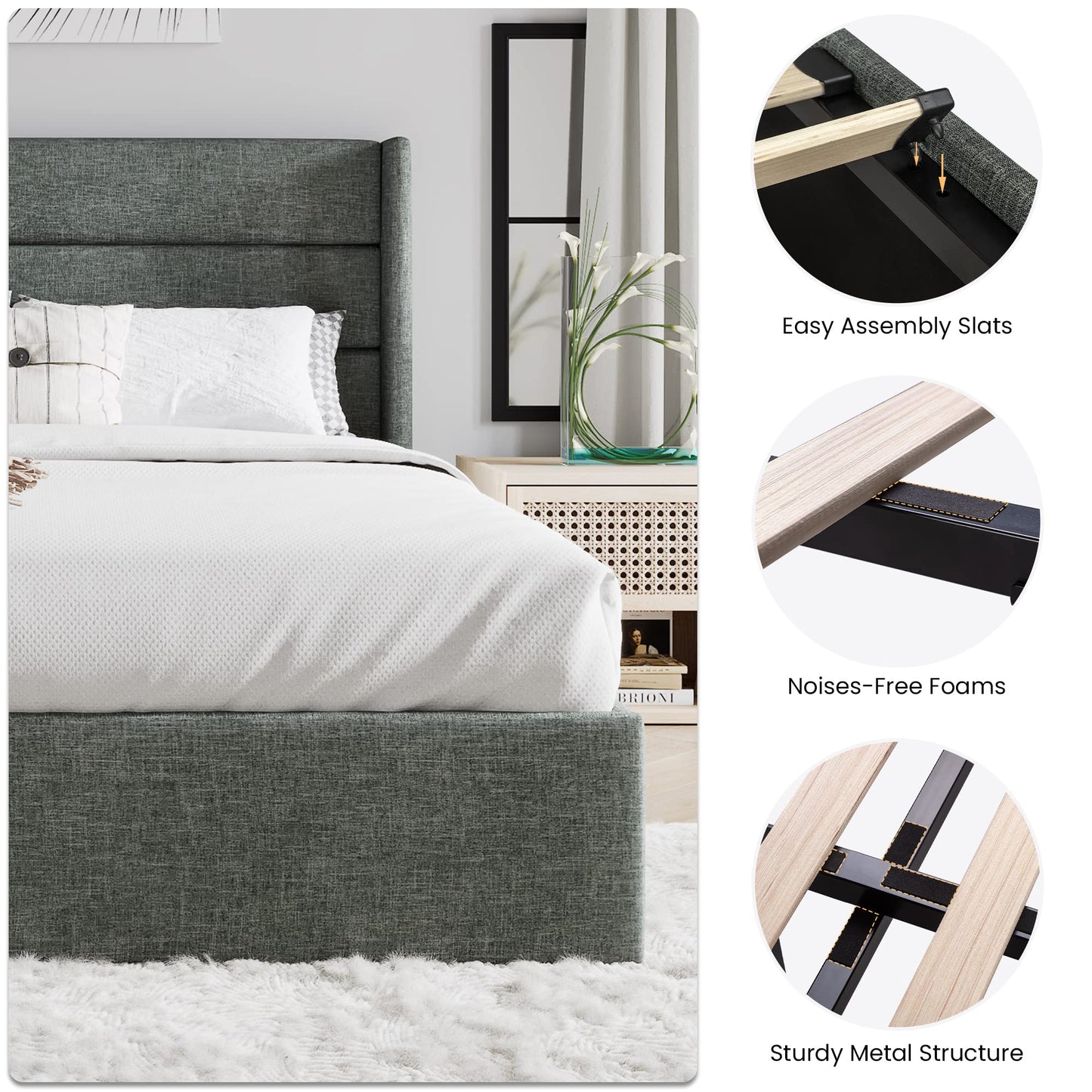 SHA CERLIN Full Size Lift Up Storage Bed/Modern Wingback Headboard/Upholstered Platform Bed Frame/Hydraulic Storage/No Box Spring Needed/Wood Slats Support/Dark Grey