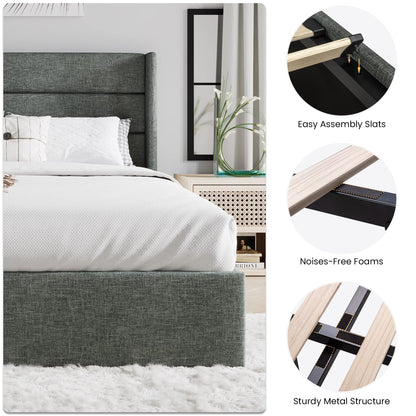 SHA CERLIN Full Size Lift Up Storage Bed/Modern Wingback Headboard/Upholstered Platform Bed Frame/Hydraulic Storage/No Box Spring Needed/Wood Slats Support/Dark Grey