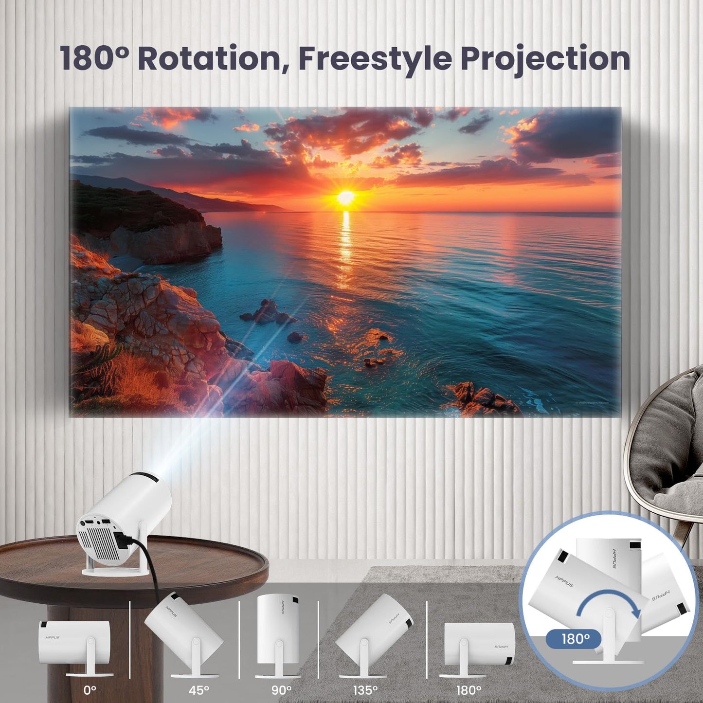 [180°Adjustable Stand] Smart Mini Portable Projector with WiFi and Bluetooth, Auto Keystone Upgraded 350ANSI, Android11.0, Ceiling, Outdoor Use, Compatible with TV Stick Smartphone/HDMI/USB(White）