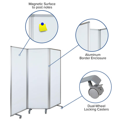 Flash Furniture Raisley 3-Section Mobile Magnetic Whiteboard Partition for Classrooms or Offices, Rolling Dry Erase Board Room Divider, 72"H x 24"W