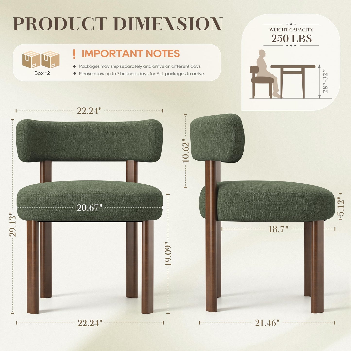 smartue Wooden Dining Chairs Set of 6, Upholstered Kitchen Chairs with Solid Wood Legs, Mid Century Dining Room Chair with Ergonomic Curved Backrest for Kitchen Dining Vanity, Green