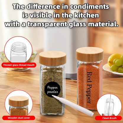 9Pcs 4 oz Square Glass Spice Jars with Label, Empty Spice Containers with Bamboo Lids , Square Seasoning Containers and Supplement Set, Small Seasoning Bottles for Salt, Herbs, Sugar, Pepper (9)