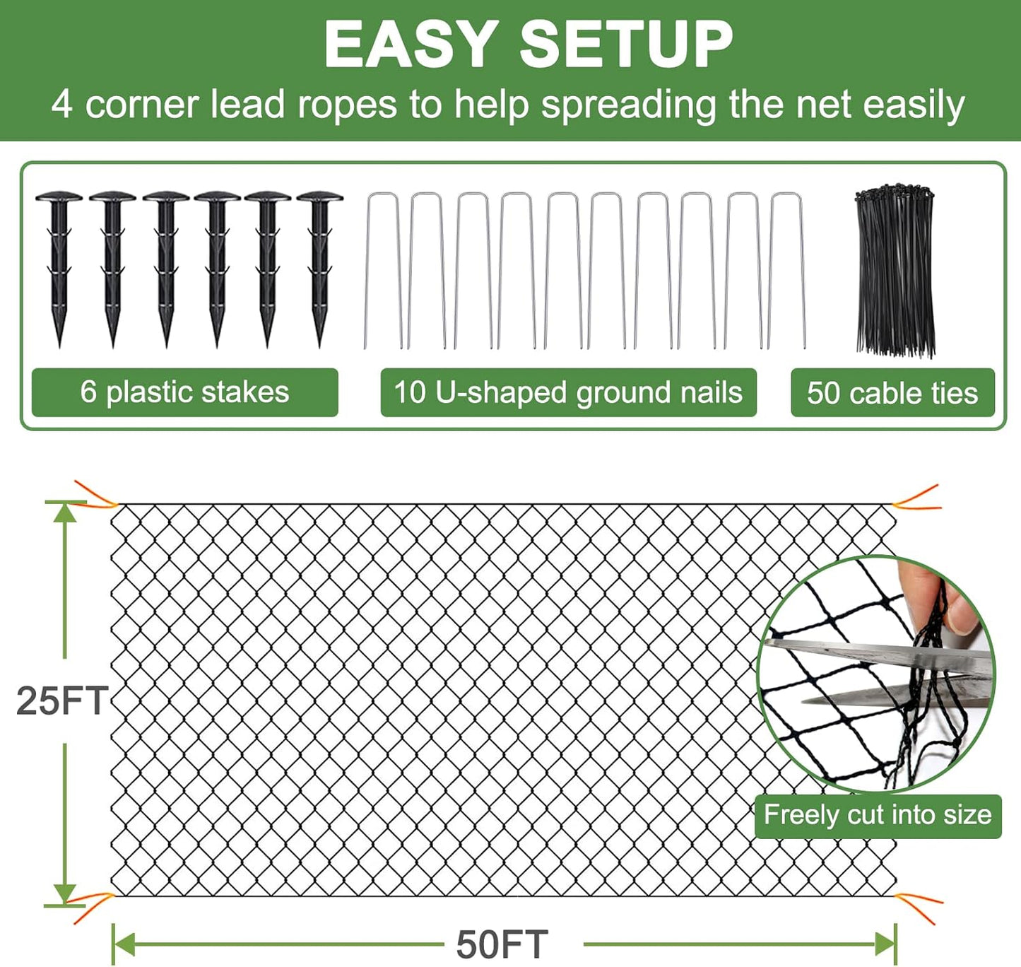 DQS 25'x50' 1' Bird Netting - Heavy Duty with Square Mesh, Poultry Netting for Chicken Coop Roof, Garden Protection