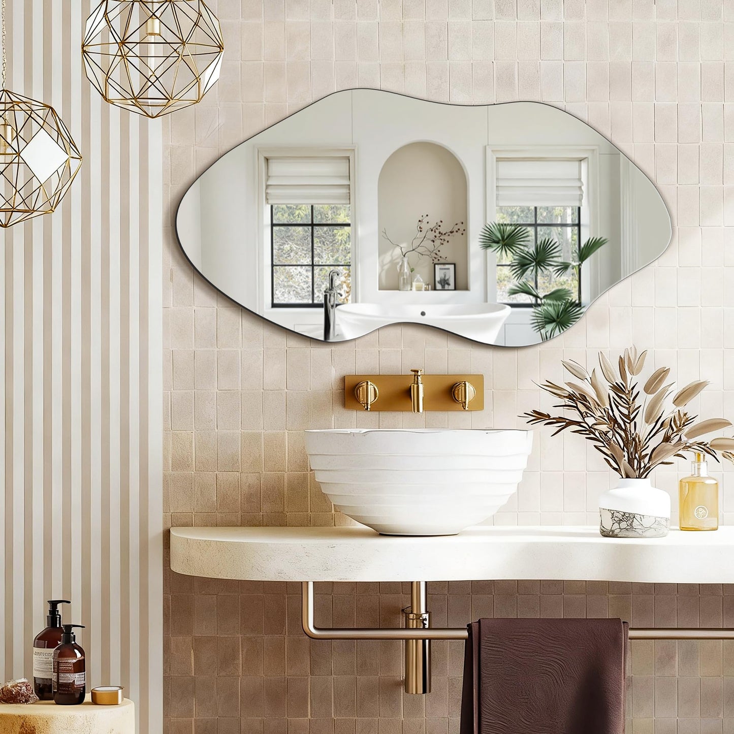 FICTOR Irregular Asymmetrical Wall Mirror, 36" x 19" Modern Decorative Mirror for Entryway, Bathroom, Bedroom, Living Room, Dining Room