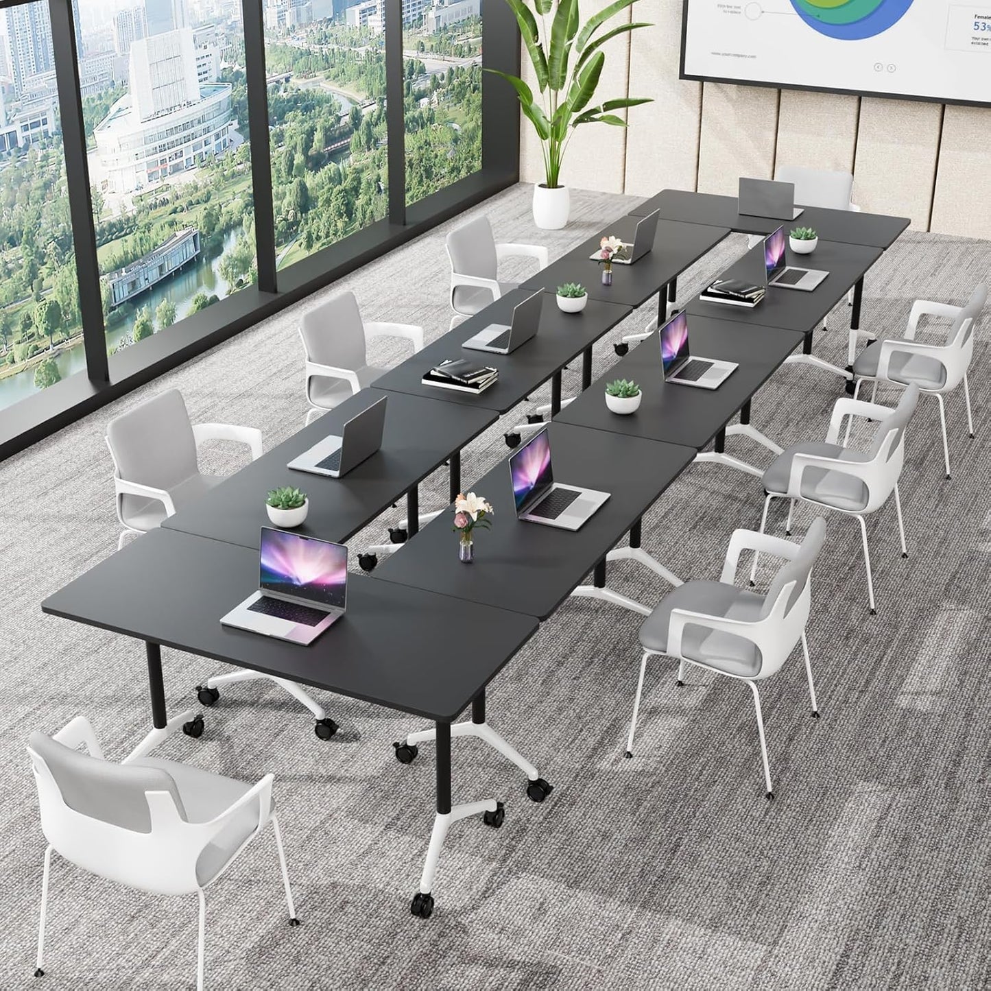 Folding Conference Room Table with Wheels,Flip Top Modular Training Meeting Table,Stackable Mobile Conference Table,Wooden Top Sturdy Frame,Space Saving,for Office,Classroom (4Pack, black, 47.2in)