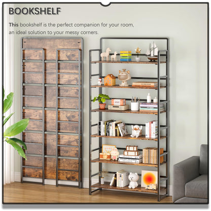 4NM No Assembly Extra Wide 6 Tiers Folding Bookshelf Storage Shelves Vintage Bookcase Standing Racks Study Organizer Home Office (Rustic Brown Black)