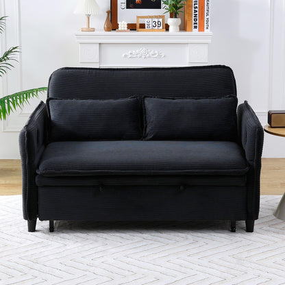 KEIKI 66" Convertible Sofa Bed w/Cup Holder, 3 in 1 Corduroy Sleeper Couch with Pull Out Bed, Adjustable Armrests & Backrests, Modern Chaise Lounge Chair for Living Room Bedroom, Easy Assembly, Black