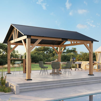LUXOAK 13x15 FT Wood Gazebo, Hardtop Pergola with Steel Gable Roof, Outdoor Gazebo with Guest House for Garden, Porch, Patio, Black + Natural Wood