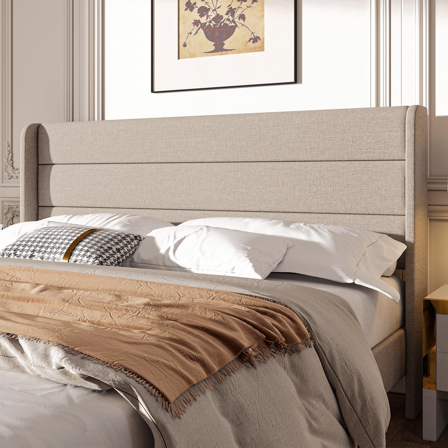 Mxhtcewz King Size Upholstered Platform Bed Frame, Modern Linen Fabric Bed with Wingback Headboard, Sturdy No Wobble, Noise-Free & Easy Assembly, No Box Spring Needed, Beige