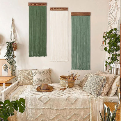 KHOYIME Macrame Wall Hanging Boho Chic Home Decor, 3PCS Bohemian Green Beige Tassel Yarn Tapestry Modern Handmade Large Wall Art Decorations for Living Room Bedroom Nursery Backdrop 11.8''W x 36''L