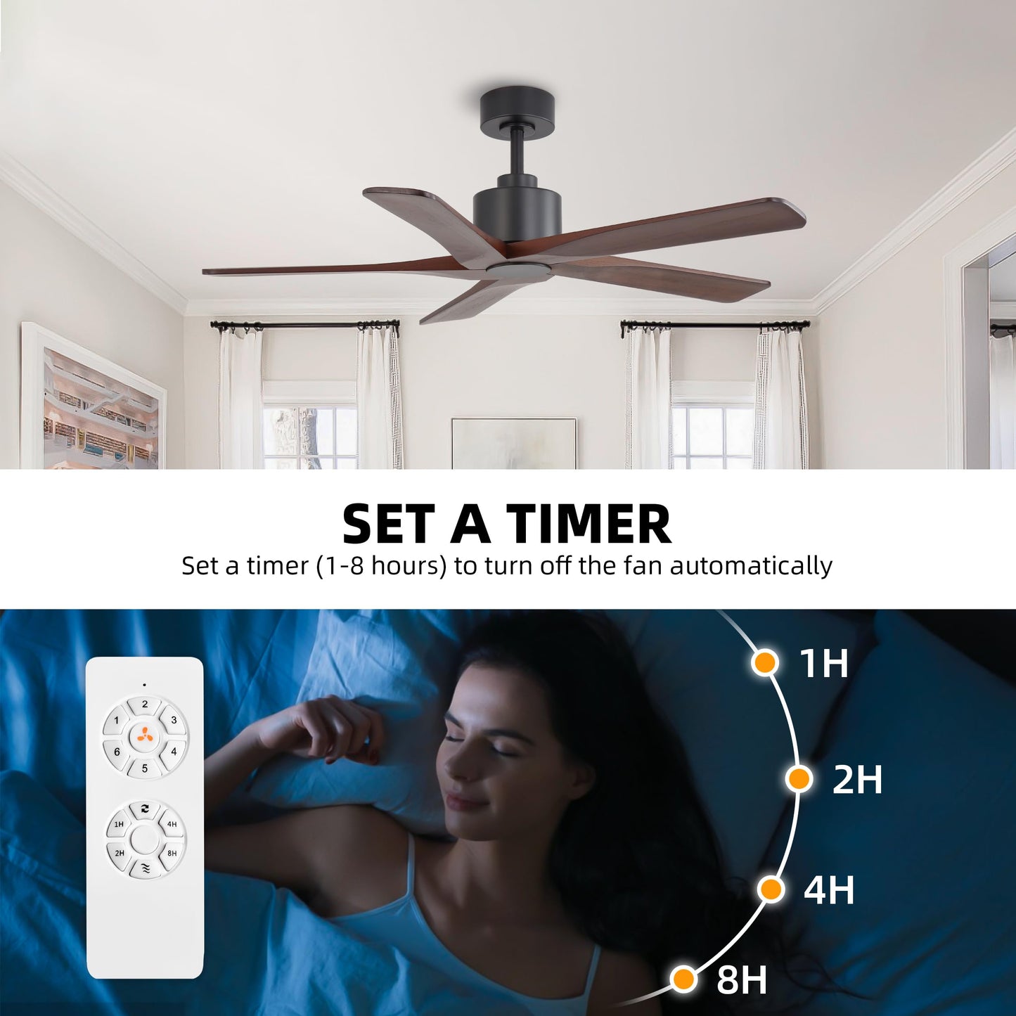 WINGBO 48" DC Ceiling Fan No Light - 5 Carved Solid Wood Blades, 6-Speed Reversible DC Motor, Ceiling Fan without Lights for Living Room Bedroom Kitchen Patio, Indoor and Outdoor, Black and Walnut