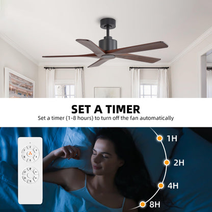 WINGBO 48" DC Ceiling Fan No Light - 5 Carved Solid Wood Blades, 6-Speed Reversible DC Motor, Ceiling Fan without Lights for Living Room Bedroom Kitchen Patio, Indoor and Outdoor, Black and Walnut