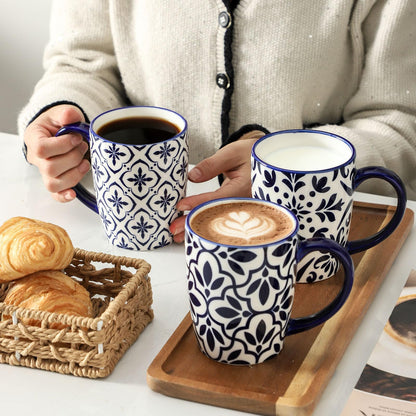 HASENSE Coffee Mugs Set of 6, 15OZ Ceramic Coffee Mugs with Blue and White Floral Patterns, Elegant Large Coffee Cups for Coffee, Tea, Latte & Cappuccino, Microwave & Dishwasher Safe, Vintage Blue