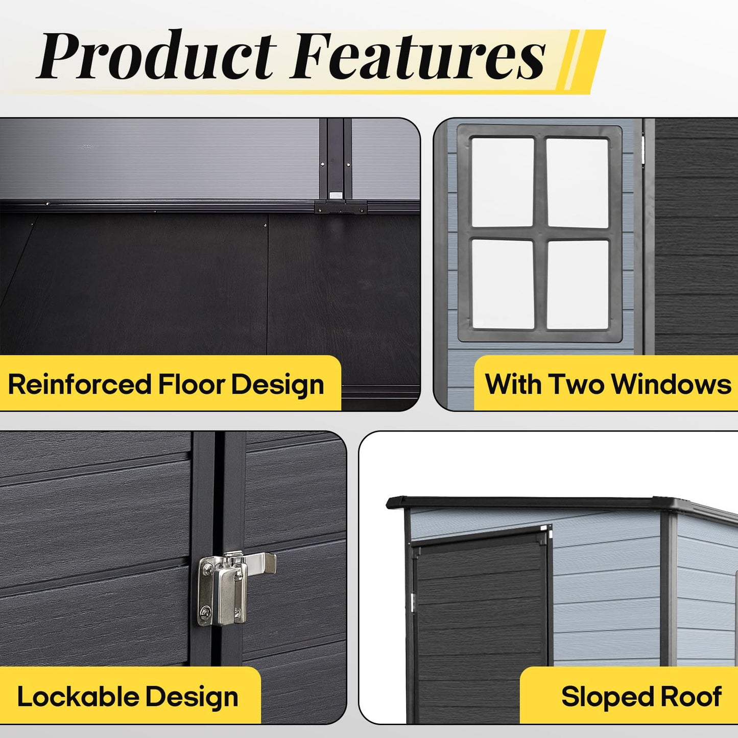 FammyLoft 4x8 FT Lean to Shed with Floor, Resin Storage Shed & Outdoor Storage Clearance with 2 Windows, Backyard Storage Sheds for Garden, Patio, Backyard, (Black+Grey)