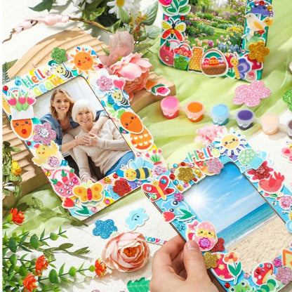 Gerrii 12 Pack Spring Picture Frame Painting Craft Kit Unfinished Wooden Photo Frame for 3 x 5 in Photos with Stickers Painting Tools Set for Graduation Birthday Home DIY Craft