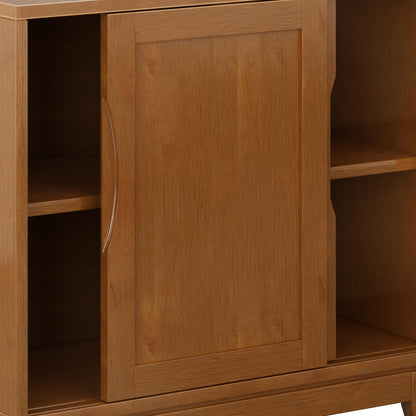 SIMPLIHOME Harper Storage Cabinet - 30 inch Wide Solid Hardwood 2-Shelf Low Console Cabinet in Teak Brown, Mid-Century Modern Cupboard for Living Room with Sliding Doors and Adjustable Shelves
