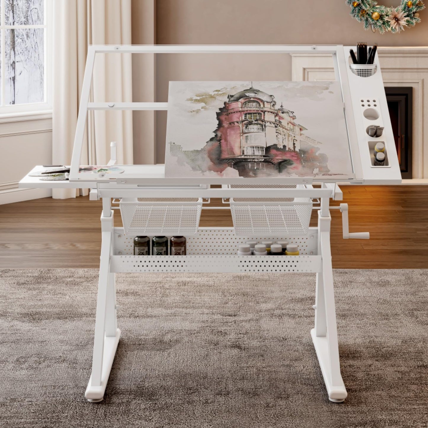 Hassyee Hand Crank Adjustable Tempered Glass Drafting Drawing and Printing Table with Chair and Storage Space for Living Room, Study, Bedroom (White)