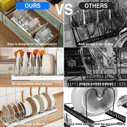 Mustorn 2 Pack Pots and Pans Organizer Under Cabinet, 22" Expandable Food Storage Container Lid Organizers with 9 Adjustable Dividers Pot and Pan Lid Holders Rack Inside Cabinet/Countertop(White)