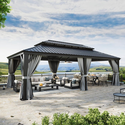 Aoxun 14' X 24' Hardtop Gazebo with Drainage System, Aluminum Outdoor Gazebo with Galvanized Steel Double Roof, Patio Permanent Metal Pavilion with Netting, for Garden, Deckyard, Grey