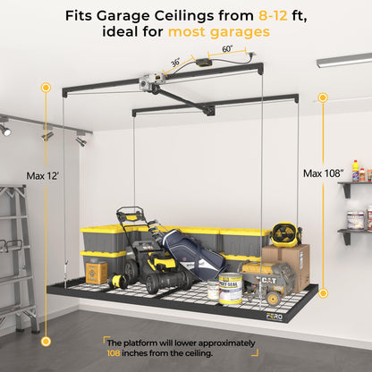 FERO Motorized Overhead Garage Storage Rack with Remote Control, Heavy-Duty Ceiling Mounted Organizer, 4x8 FT Ceiling Storage Lift System, Space-Saving Hanging Garage Shelves, 325 LBS Capacity