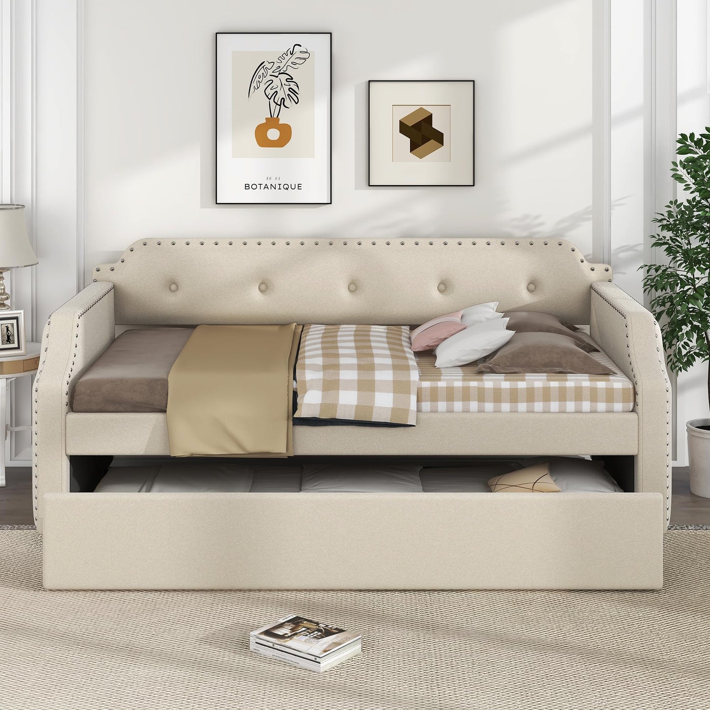 Twin Size Daybed with Trundle, Upholstered daybed Frame with Button Tufted and Nailtrim on Arms, Wood Sofa Bed with Trundle Bed and Caster Design for Living Room, Bedroom, Guest Room, Beige.